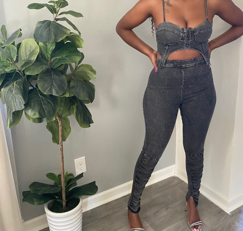 Grey Denim Two Piece Set